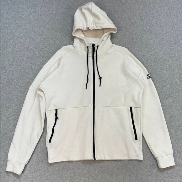 Adidas Hooded Sweatshirt Mens L White Hooded Drawstring Full Zip Activewear - Picture 1 of 6